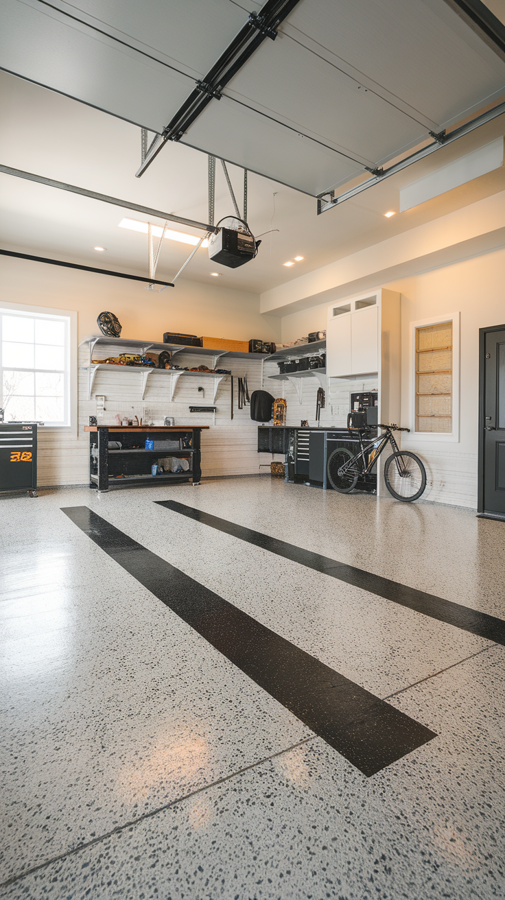 A garage featuring a classic black and white flake mix flooring with organized tools and a bike.