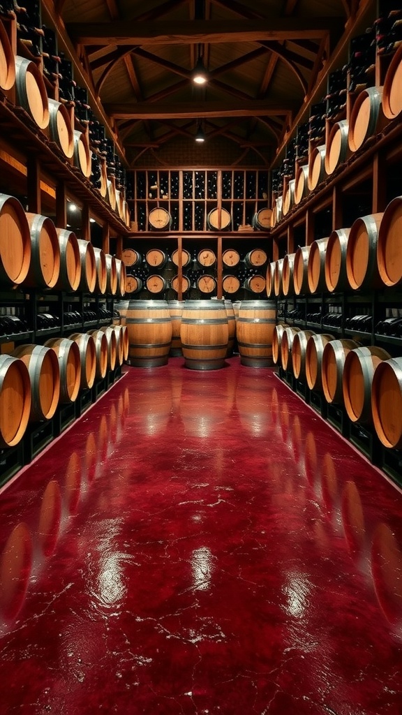 Luxurious burgundy epoxy floor in a wine cellar with wooden barrels and wine racks.