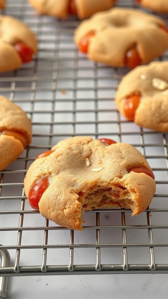 Classic candy apple cookies with a glossy red drizzle on top.
