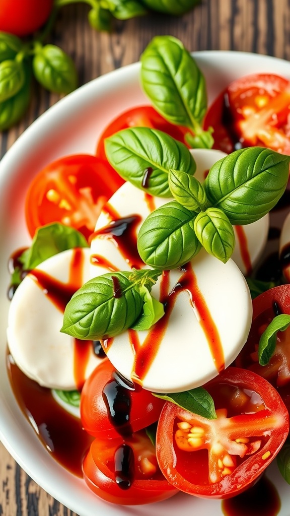 A plate of classic Caprese salad with fresh tomatoes, mozzarella cheese, and basil.