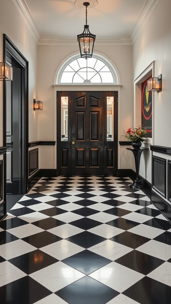 A hallway featuring a classic black and white checkerboard floor design with elegant lighting.