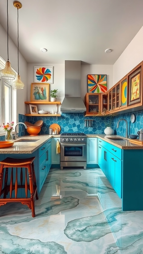 Kitchen with classic checkerboard epoxy flooring featuring white and dark wood tiles, modern cabinets, and stylish hanging lights.