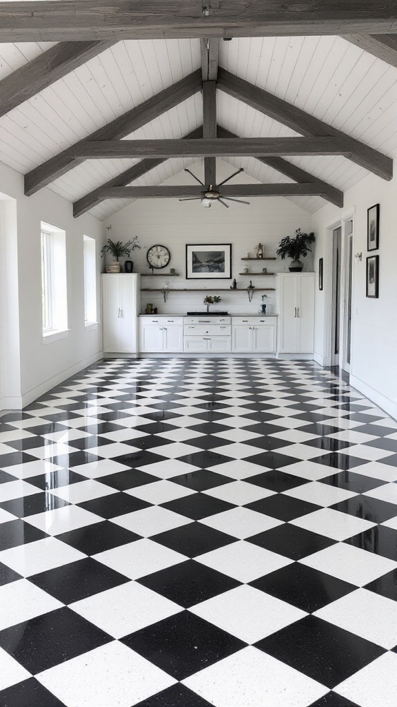 A modern garage with a classic black and white checkerboard epoxy floor design.