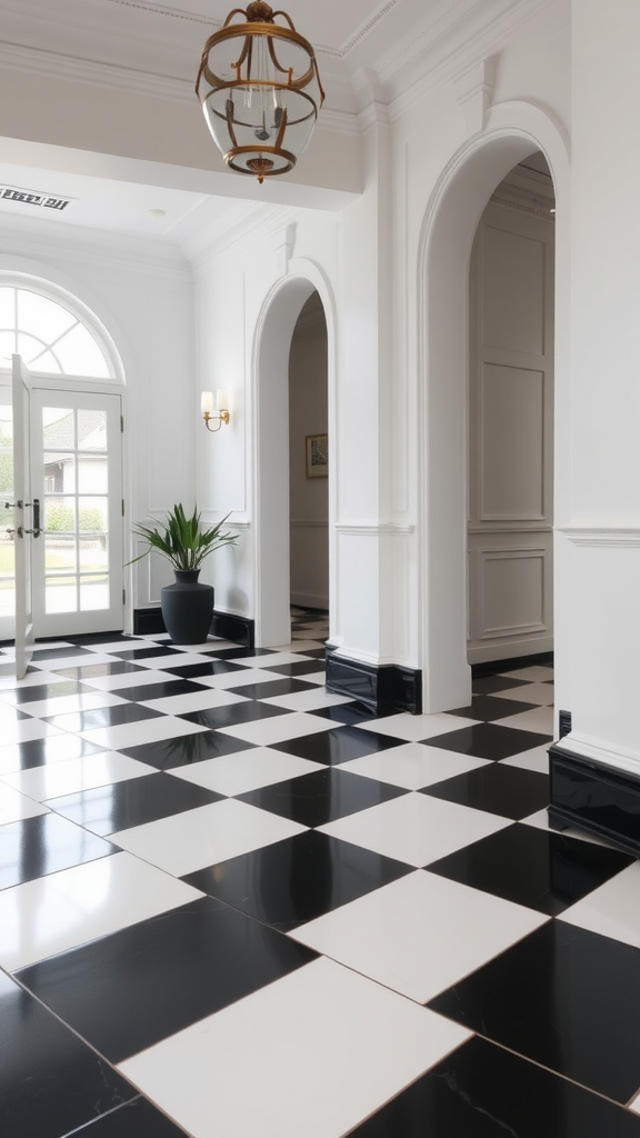 A hallway featuring a classic black and white checkerboard floor with eco epoxy finish.