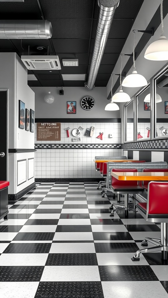 A diner interior featuring a classic black and white checkerboard epoxy floor with red and silver furniture.