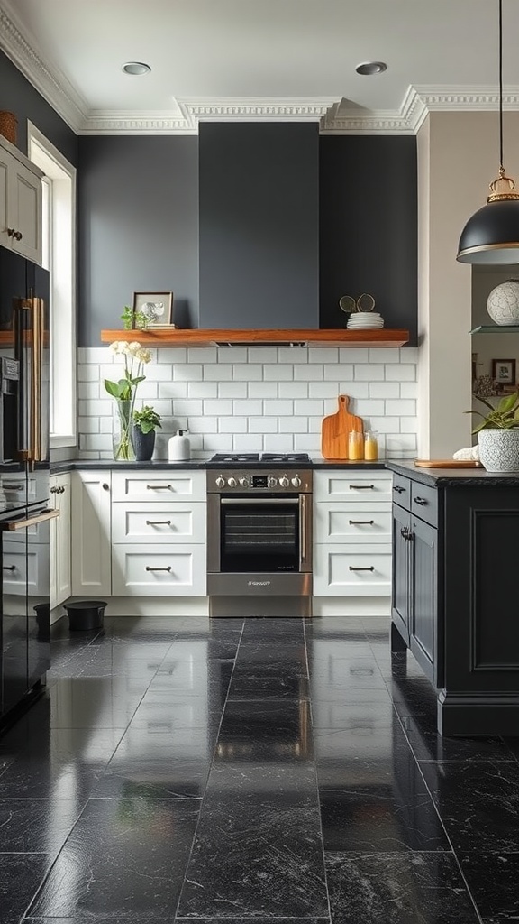 A stylish kitchen featuring a classic black and white checkerboard epoxy floor.