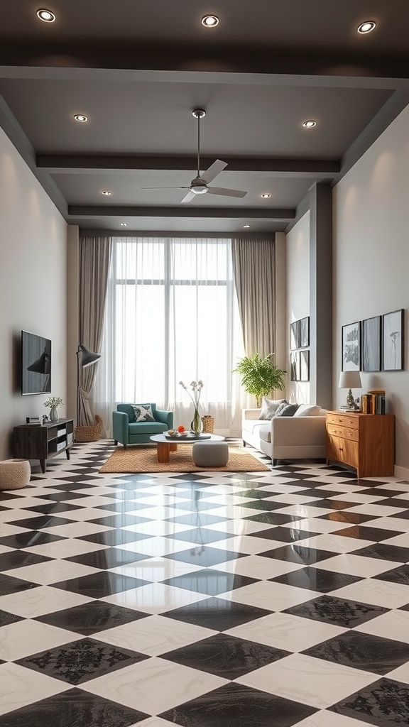 Checkerboard epoxy flooring in a modern living room