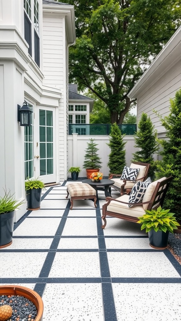Classic checkerboard epoxy floor in an outdoor patio setting.