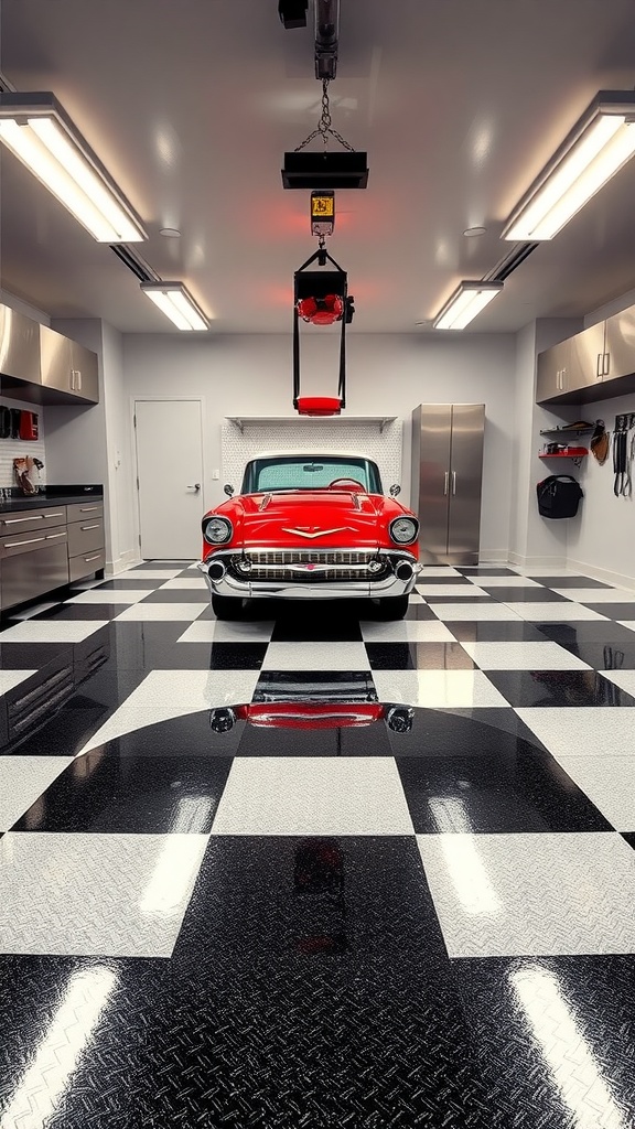 A garage featuring a classic checkerboard epoxy floor design in black, white, and gray.