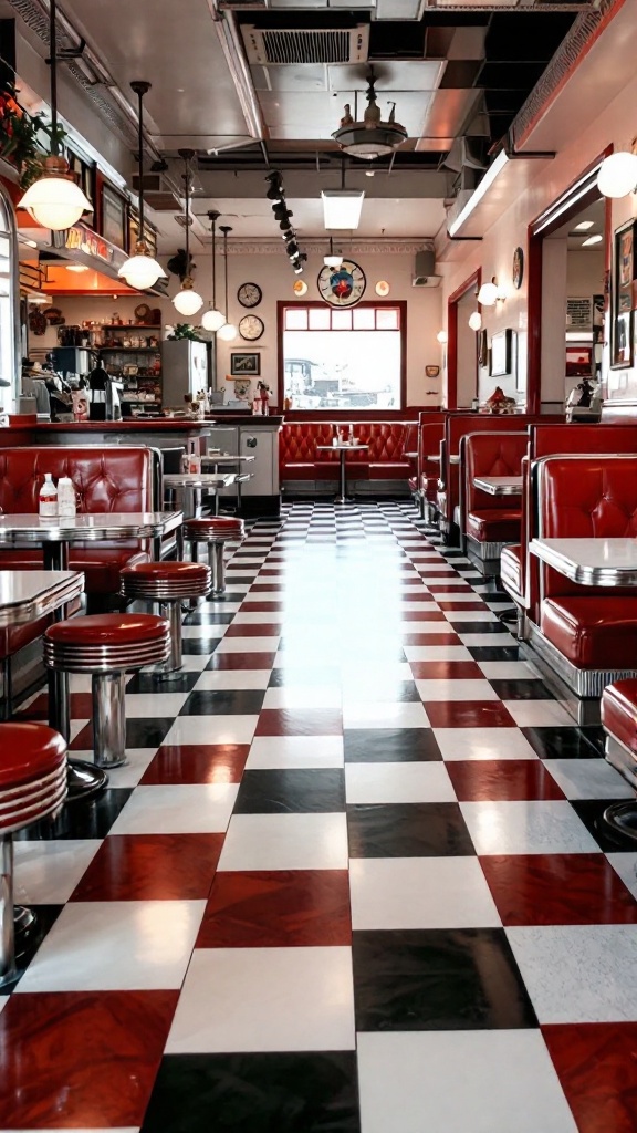 Interior of a diner featuring classic checkerboard epoxy flooring with red booths and retro decor.
