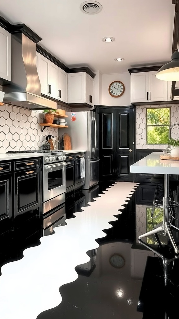 A stylish room featuring a checkerboard epoxy floor design that combines elegance and durability.