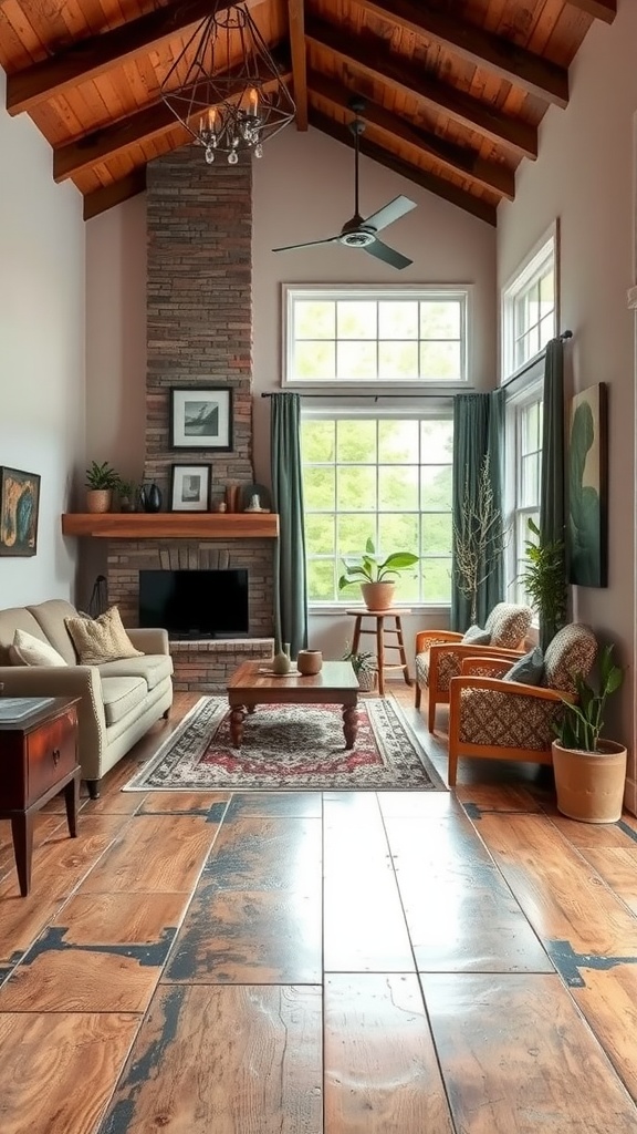 A stylish living room with a brown epoxy floor featuring a classic checkerboard pattern, showcasing a blend of modern and rustic design elements.