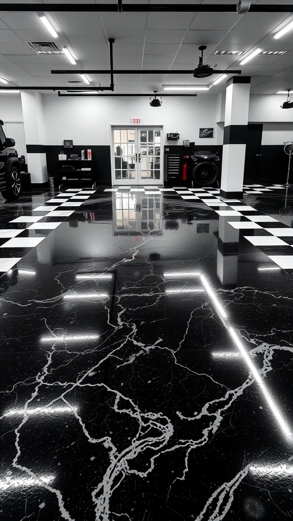Classic black and white checkerboard epoxy floor in a garage setting.