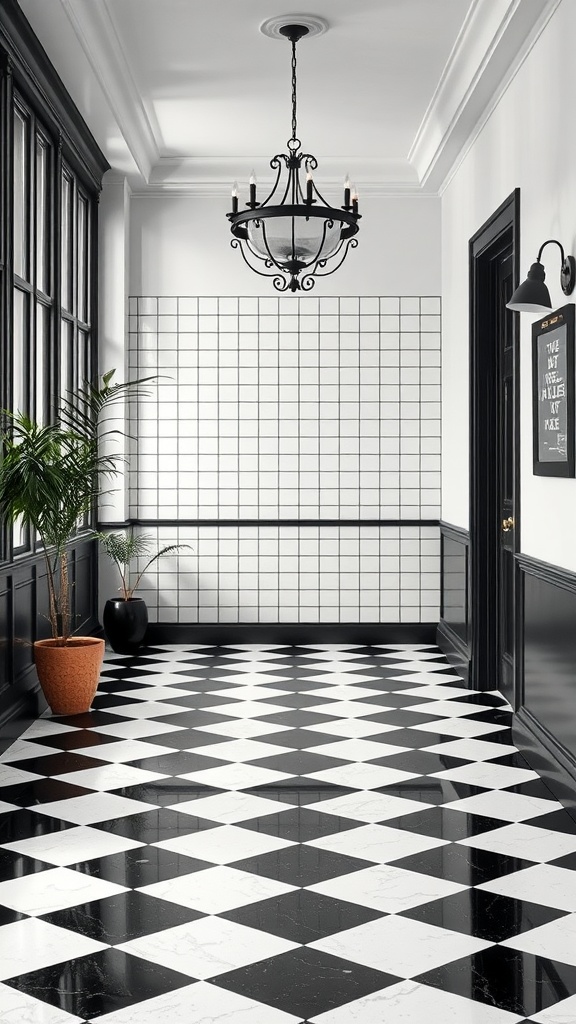 A hallway featuring a classic black and white checkerboard pattern epoxy floor, with a chandelier and decorative tiles on the wall.