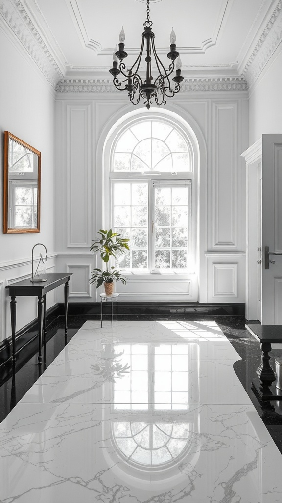 A luxurious living space with a classic black and white checkerboard resin floor, showcasing modern design elements.