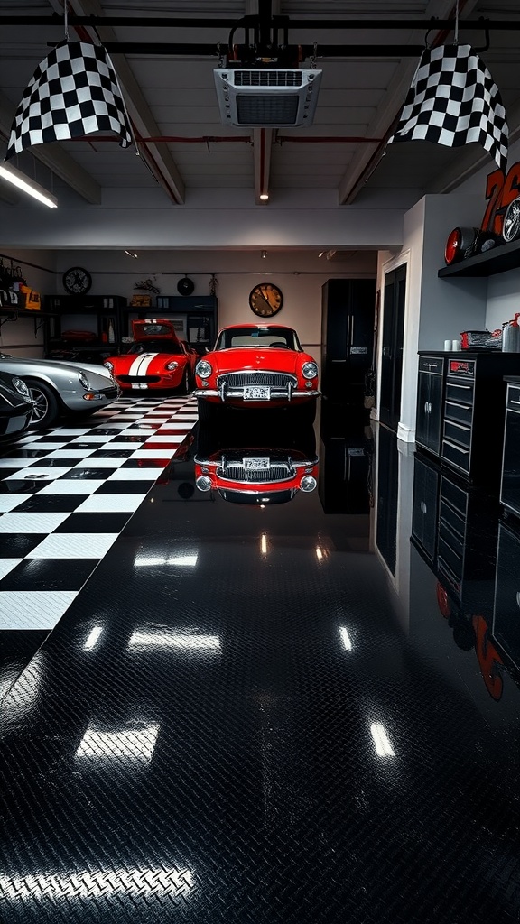 Garage featuring a classic checkerboard epoxy floor with high gloss finish, showcasing vintage and luxury cars.
