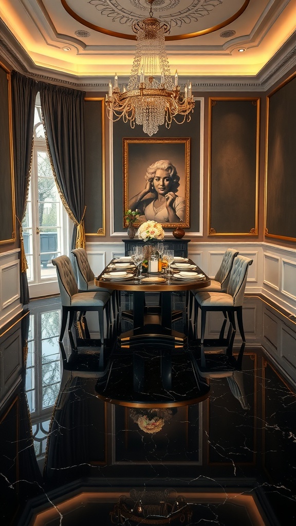 A stylish interior with black and white checkerboard epoxy flooring, featuring a modern dining area and elegant decor.