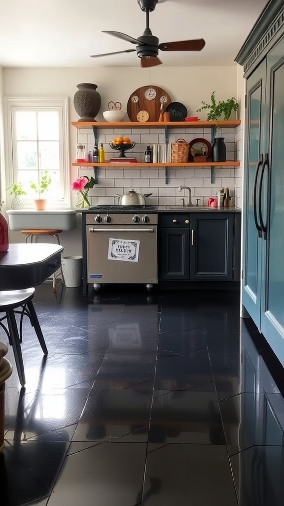 A kitchen with glossy checkerboard epoxy floors, featuring black and white tiles and modern cabinetry.