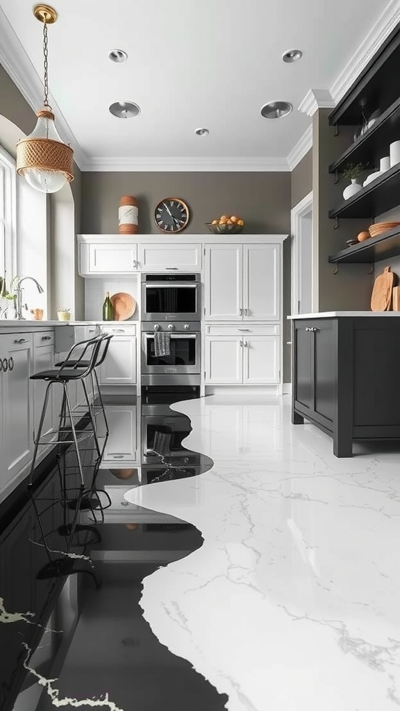 Classic checkerboard epoxy floor in a modern kitchen