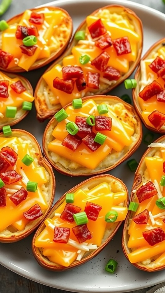 Delicious loaded potato skins topped with cheese, bacon, and green onions.