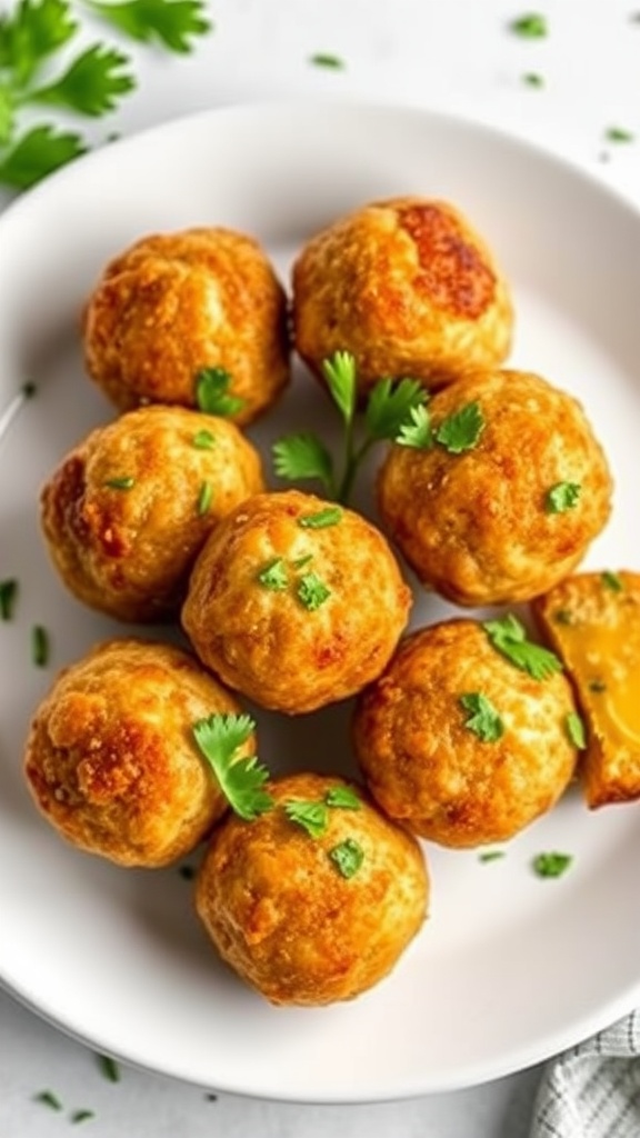 A plate of golden-brown sausage balls garnished with fresh herbs.