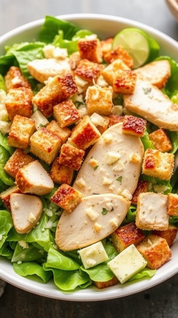 A bowl of Classic Chicken Caesar Salad with romaine lettuce, croutons, grilled chicken, and Parmesan cheese.
