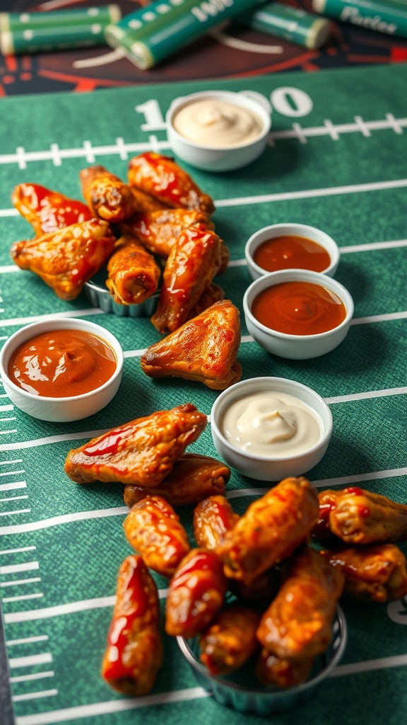 A platter of crispy chicken wings with various sauces for dipping perfect for game day.