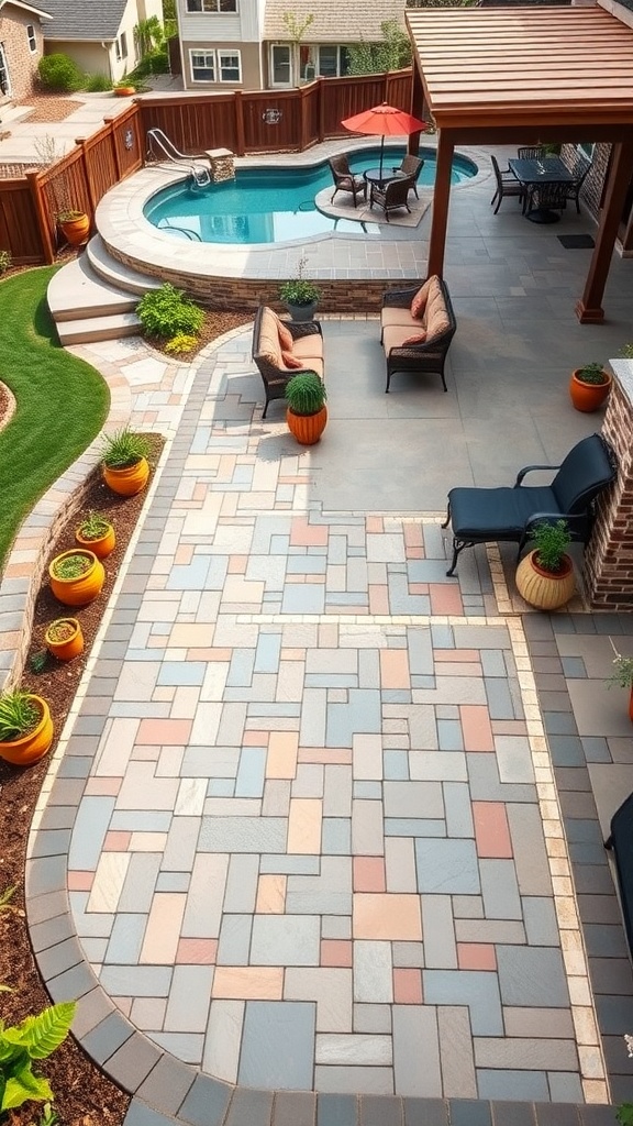 A beautiful stamped concrete patio designed to resemble cobblestones, featuring a pool, seating area, and vibrant planters.
