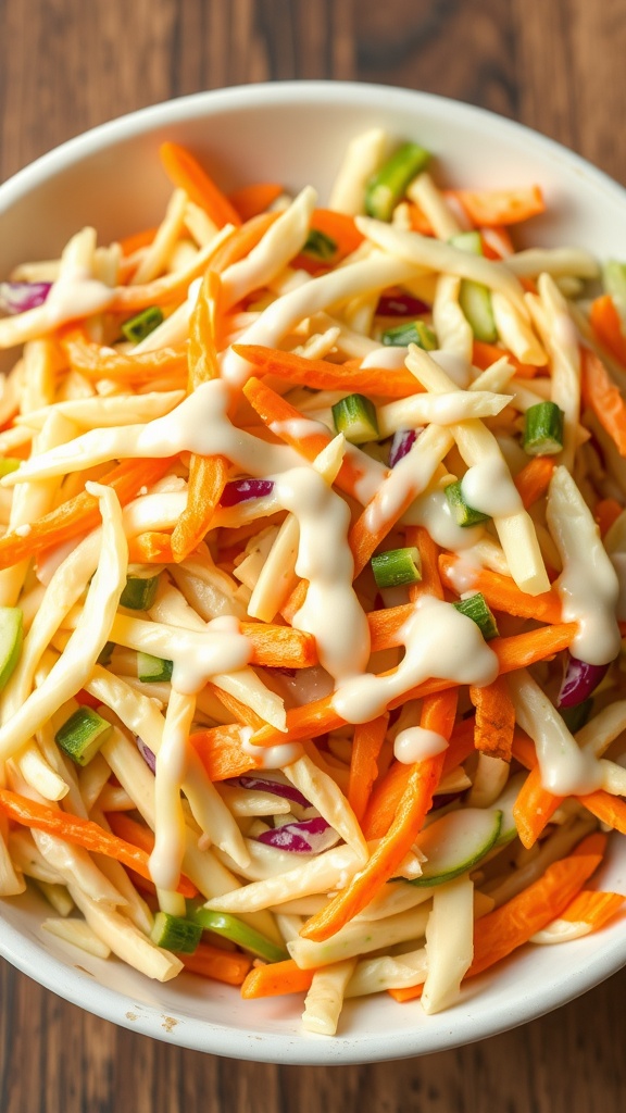 A bowl of classic coleslaw with shredded cabbage, carrots, and a creamy dressing.