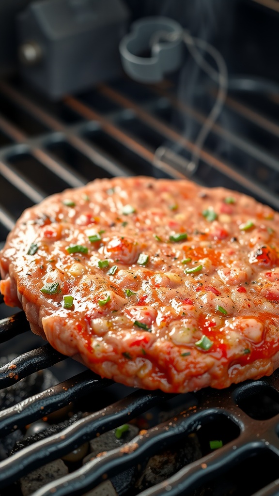 A corned beef patty sizzling on a grill with herbs.