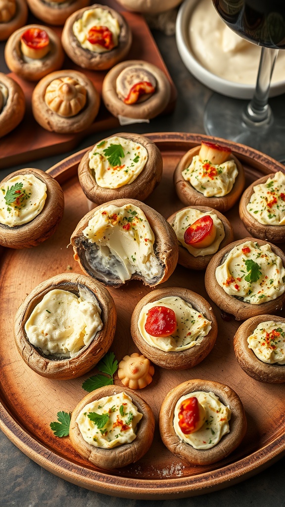 A platter of classic cream cheese and herb stuffed mushrooms, garnished with herbs and colorful toppings.