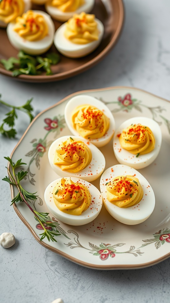 Classic deviled eggs garnished with paprika on a decorative plate