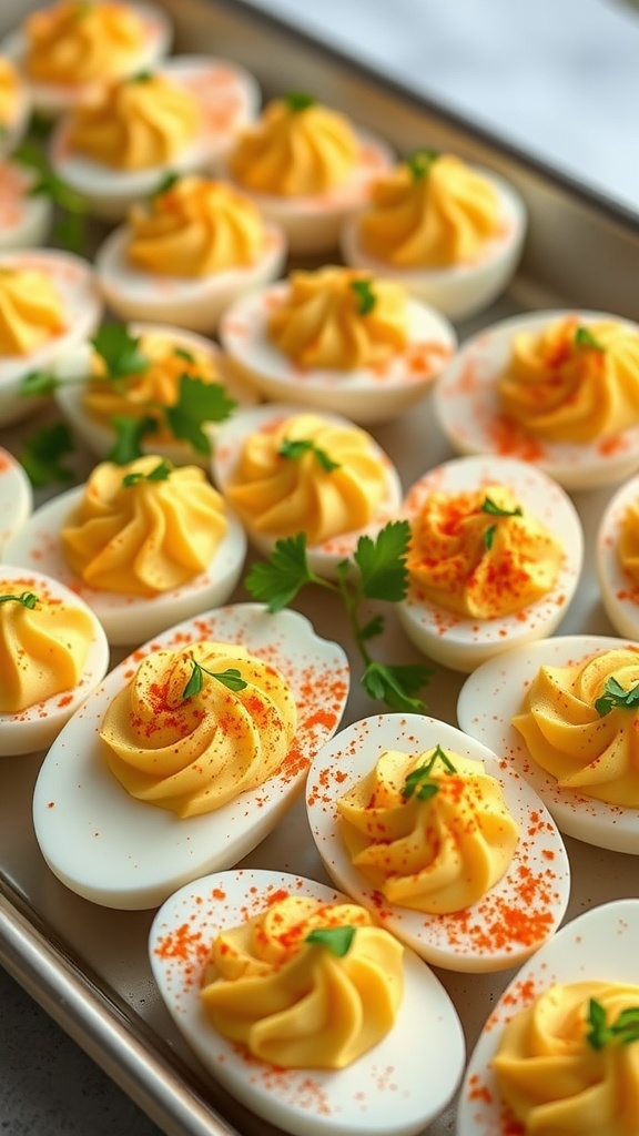 A tray of classic deviled eggs garnished with paprika and herbs