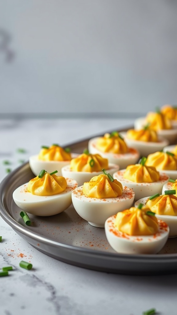 Platter of classic deviled eggs with paprika and chives.