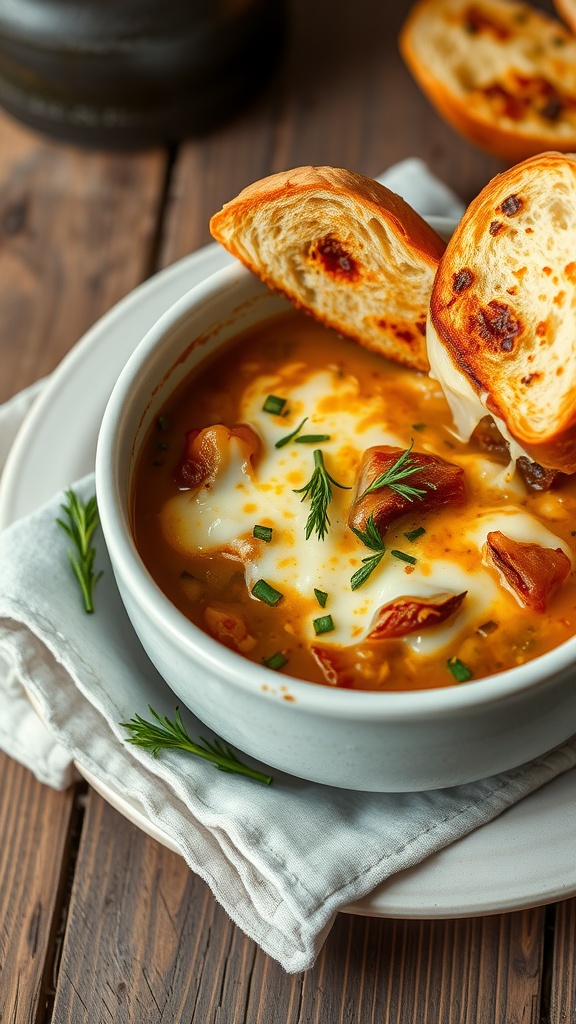 A bowl of classic French onion soup topped with melted cheese and toasted bread.