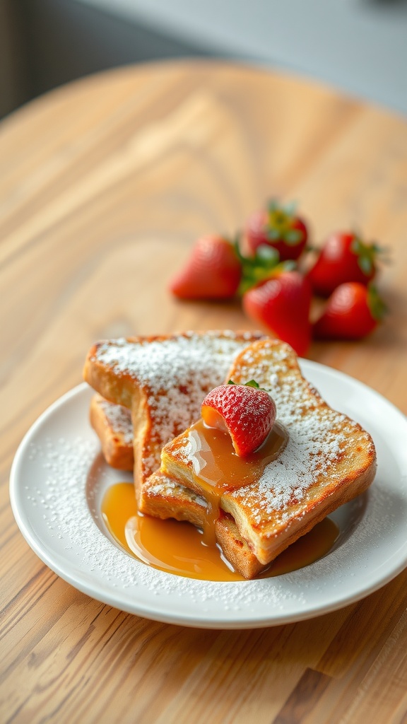 A plate of classic French toast served with syrup and strawberries