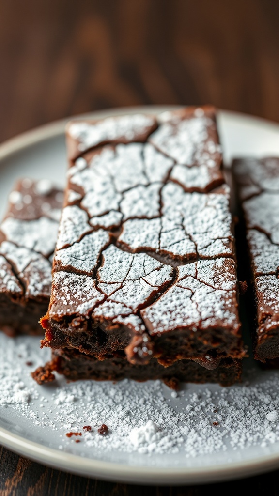 Delicious classic fudgy brownies dusted with powdered sugar.