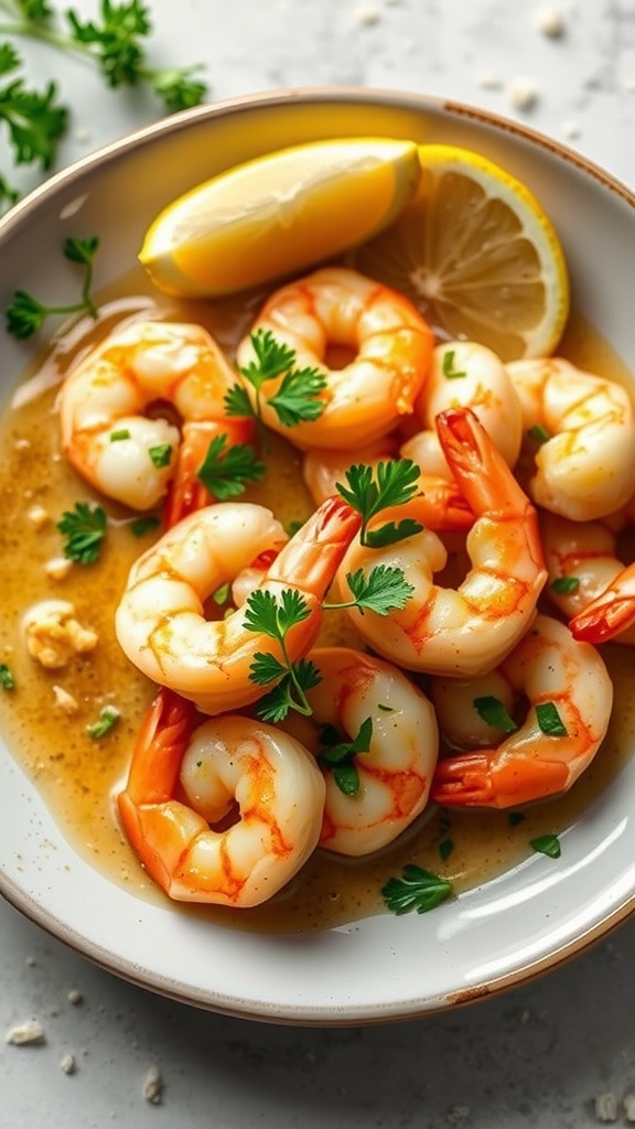A plate of shrimp scampi garnished with fresh parsley and lemon.