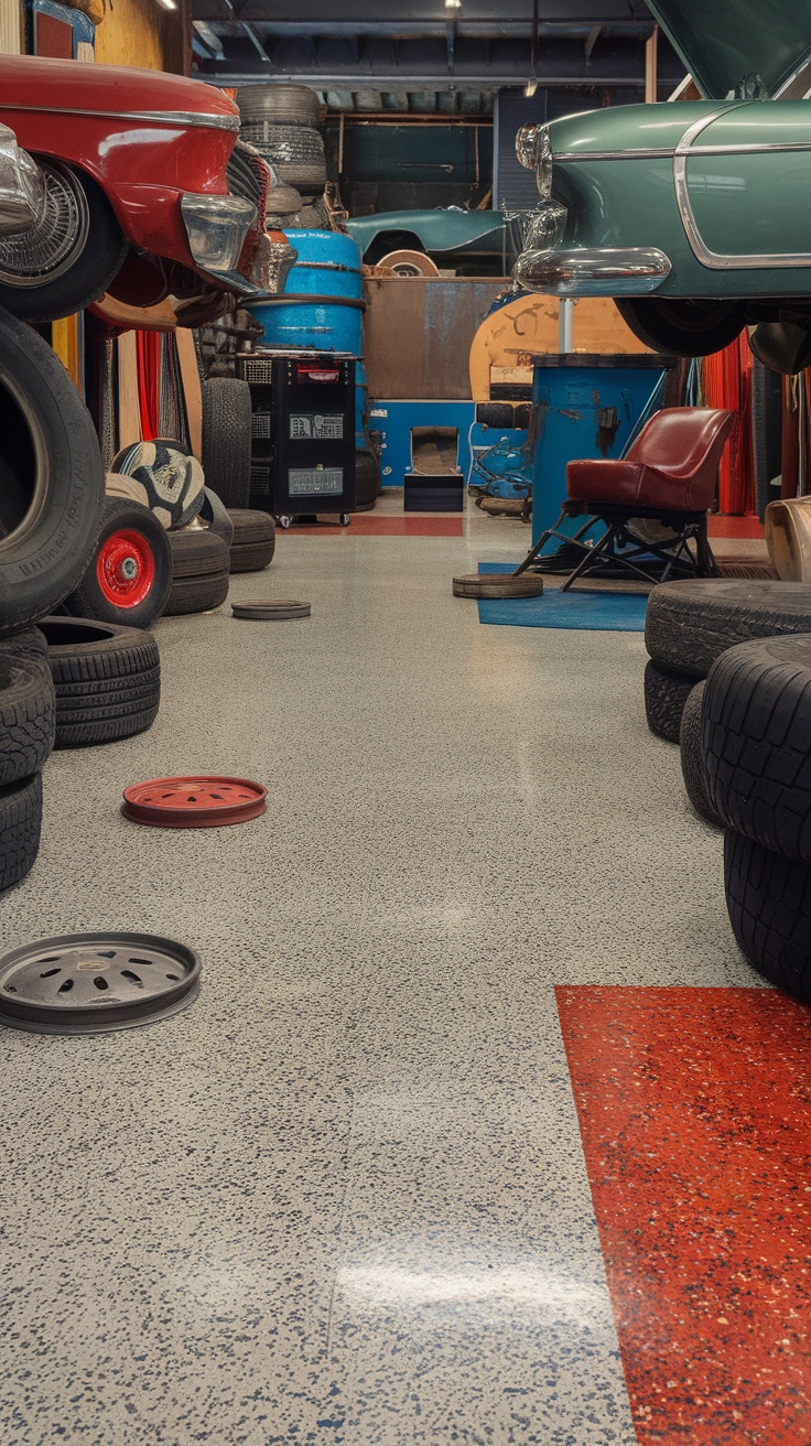 A classic gray epoxy flake garage floor with colorful accents and vintage cars.