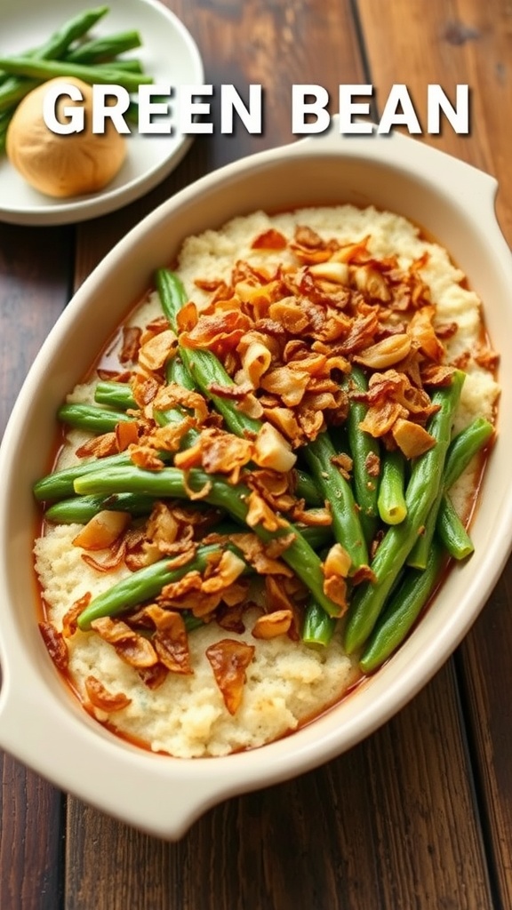 Delicious green bean casserole topped with crispy onions and served in a baking dish.