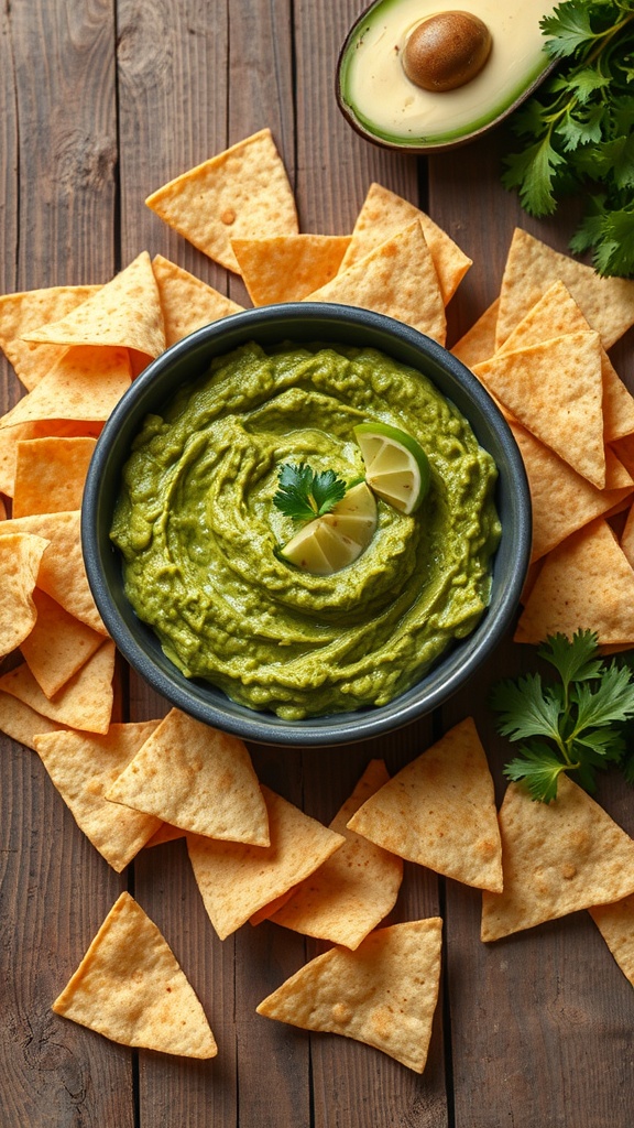 A bowl of classic guacamole surrounded by tortilla chips.