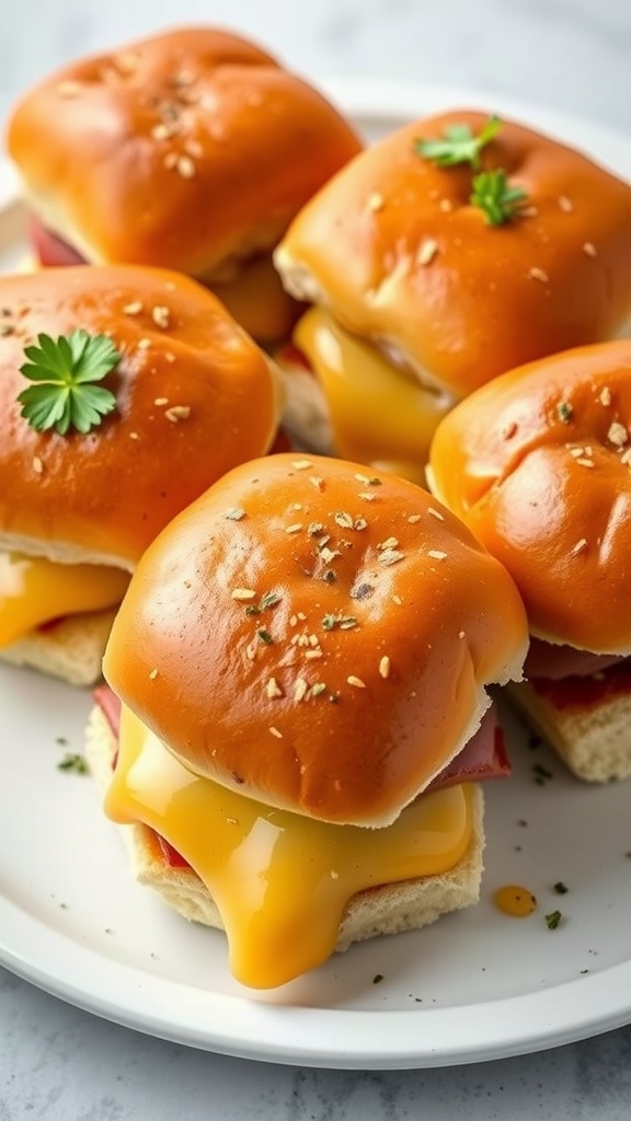 A plate of classic ham and cheese sliders with a glossy finish and garnished with herbs.