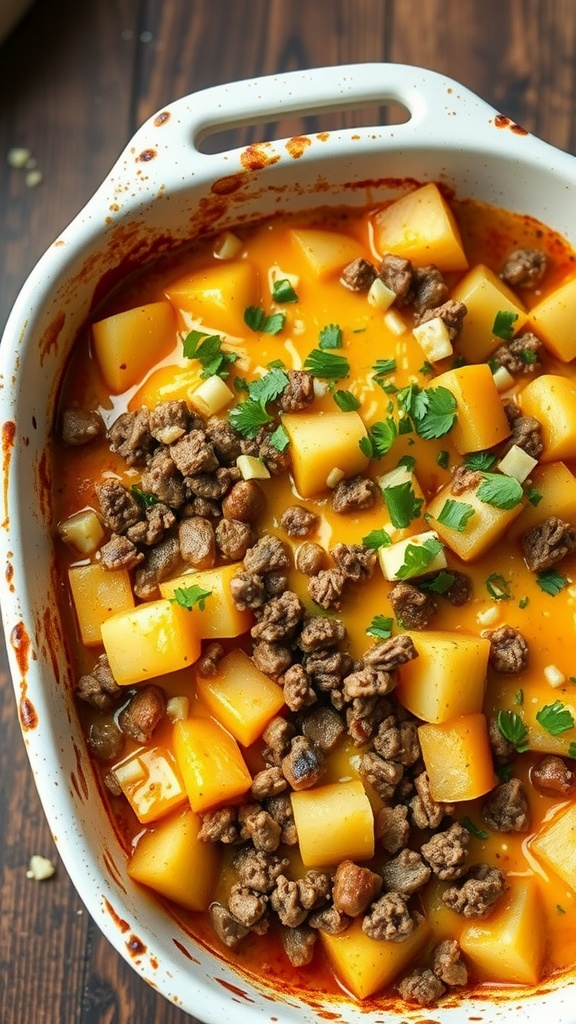 A casserole dish filled with ground beef, diced potatoes, and melted cheese, garnished with fresh parsley.