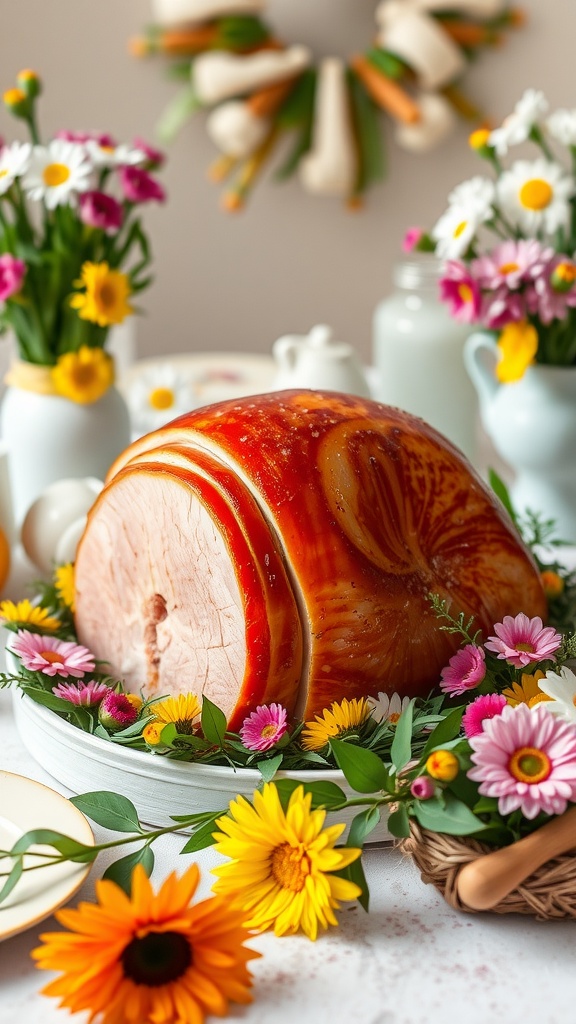 A beautifully glazed honey ham served with flowers and garnishes.