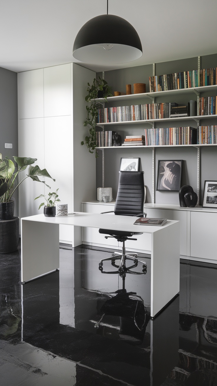 A stylish office space featuring a jet black epoxy floor, a white desk, and a black chair.