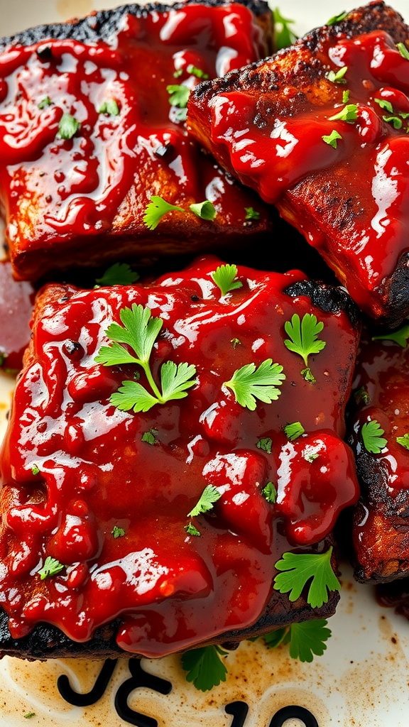 Delicious Kansas City style BBQ ribs covered in sauce and garnished with parsley.