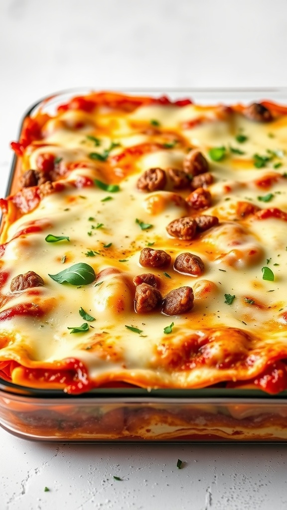 A delicious classic lasagna with layers of pasta, meat sauce, and cheese.