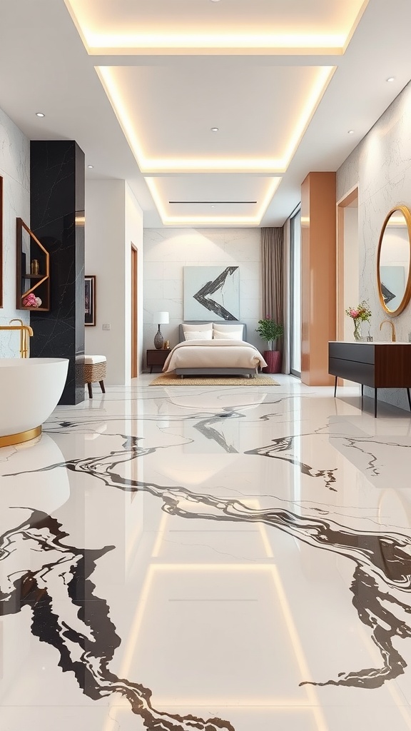 A modern room featuring a classic marbled epoxy floor, showcasing intricate black and white patterns.