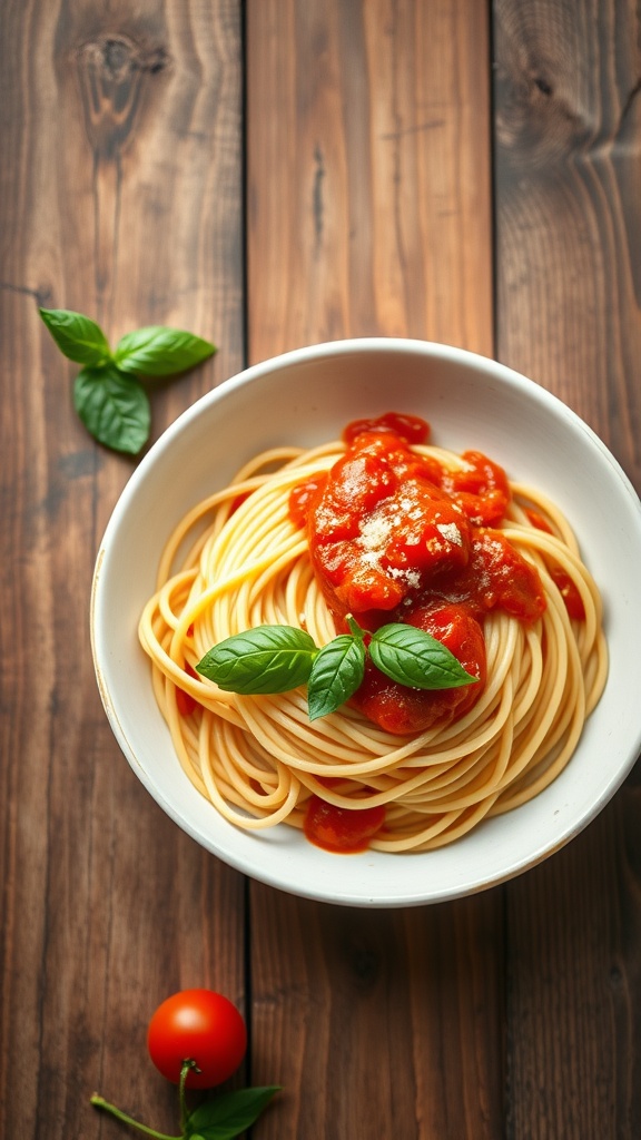 Classic marinara sauce served over pasta with fresh basil