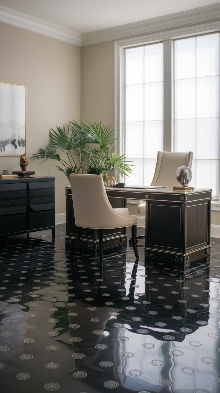 A stylish home office featuring navy metallic epoxy flooring with silver circular patterns.